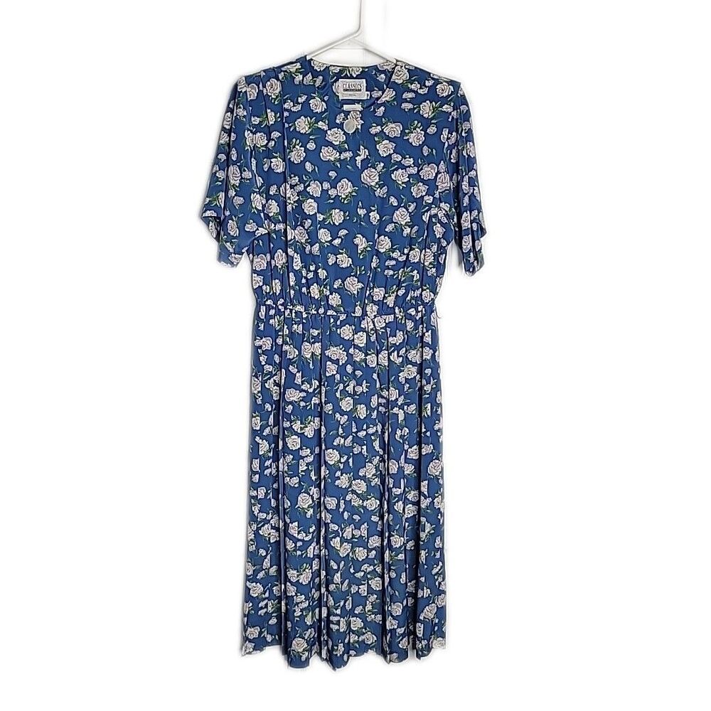 Classics Leslie Fay Vintage Midi Pleated Tea Dress ~ Sz 12 ~ Blue ~ Floral